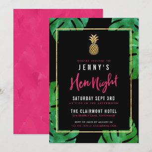 Tropical Hen Night / Pink & Black & Gold Pineapple Invitation