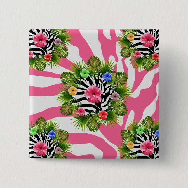 Tropical hibiscus and exotic pink zebra stripes 2 inch square button (Front)