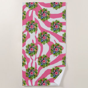 Tropical hibiscus and exotic pink zebra stripes beach towel