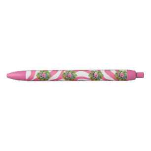 Tropical hibiscus and exotic pink zebra stripes black ink pen