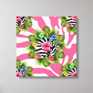 Tropical hibiscus and exotic pink zebra stripes canvas print