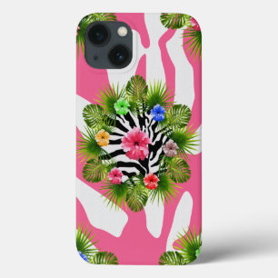 Tropical hibiscus and exotic pink zebra stripes iPhone 13 case