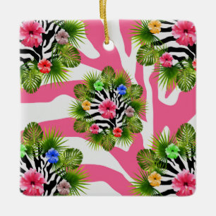 Tropical hibiscus and exotic pink zebra stripes ceramic ornament