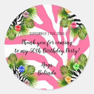 Tropical hibiscus and exotic pink zebra stripes classic round sticker