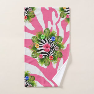 Tropical hibiscus and exotic pink zebra stripes hand towel
