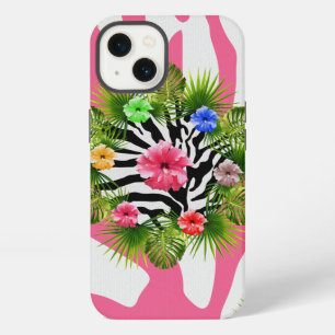 Tropical hibiscus and exotic pink zebra stripes iPhone 13 case