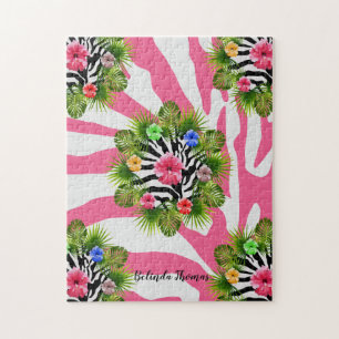 Tropical hibiscus and exotic pink zebra stripes jigsaw puzzle