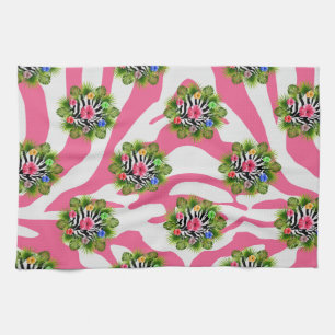 Tropical hibiscus and exotic pink zebra stripes kitchen towel