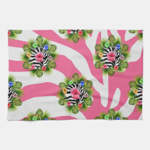 Tropical hibiscus and exotic pink zebra stripes kitchen towel