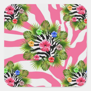 Tropical hibiscus and exotic pink zebra stripes square sticker