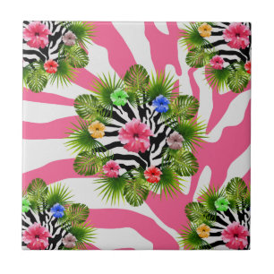 Tropical hibiscus and exotic pink zebra stripes tile