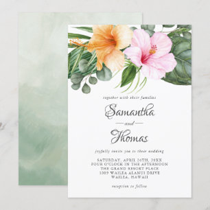 Tropical Hibiscus and Foliage Watercolor Floral Invitation