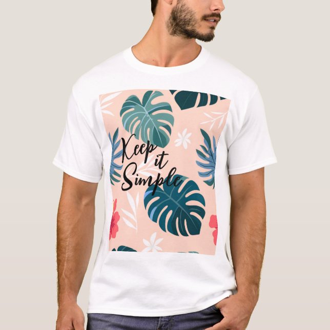 Tropical Hibiscus and Monstera Leaf Pattern T-Shirt (Front)