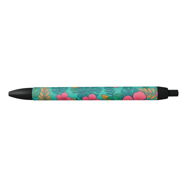 Tropical Hibiscus and Palm Leaf Pattern  Black Ink Pen (Front)