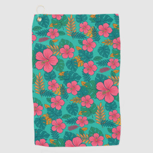Tropical Hibiscus and Palm Leaf Pattern  Golf Towel
