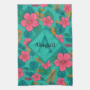 Tropical Hibiscus and Palm Leaf Pattern Kitchen Towel