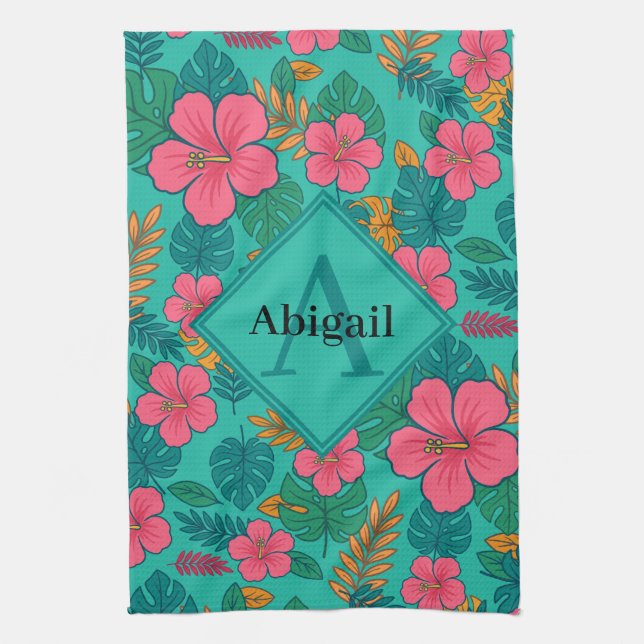 Tropical Hibiscus and Palm Leaf Pattern  Kitchen Towel (Vertical)