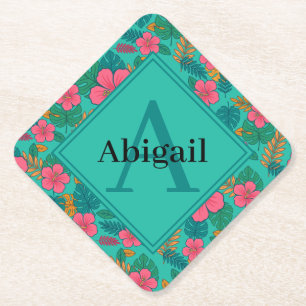 Tropical Hibiscus and Palm Leaf Pattern Paper Coaster