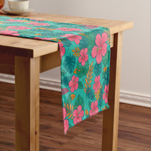 Tropical Hibiscus and Palm Leaf Pattern Short Table Runner