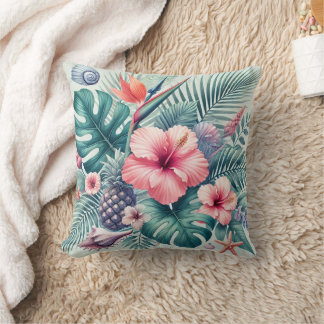 Tropical Hibiscus and Palm Leaves Throw Pillow