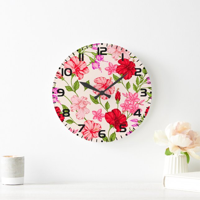 Tropical Hibiscus and Plumeria Floral Pattern Large Clock (Creator Uploaded)