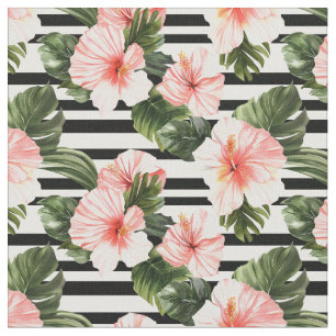 Tropical Hibiscus and Stripes Pattern Fabric