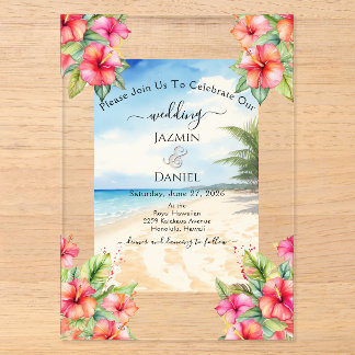 Tropical Hibiscus Beach Acrylic Invitations