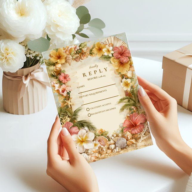 Tropical Hibiscus Beach Botanical Wedding RSVP Card (Creator Uploaded)