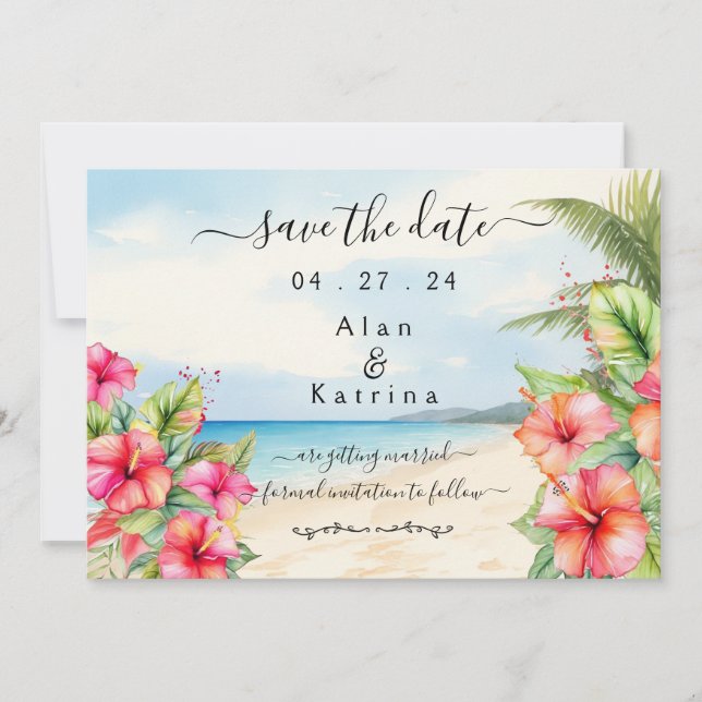 Tropical Hibiscus Beach Flat Save The Date Card (Front)