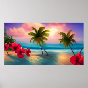 Tropical hibiscus Beach moonlight ocean palms Poster