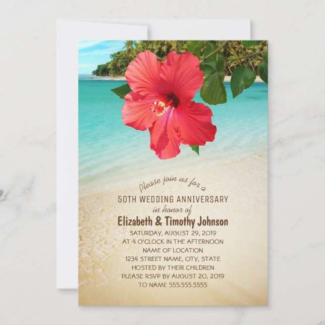 Tropical Hibiscus Beach Wedding Anniversary Party Invitation (Front)