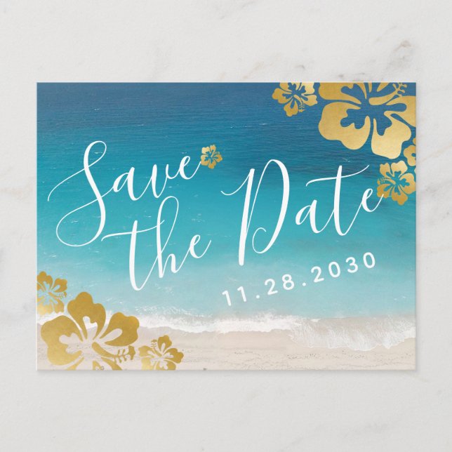 Tropical Hibiscus Beach Wedding Save Date Card (Front)