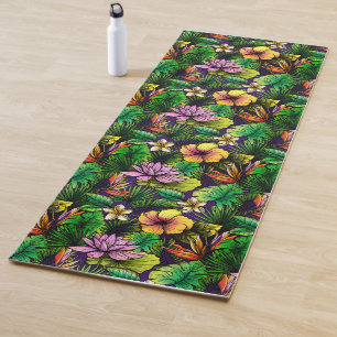 Tropical hibiscus bird of paradise foliage yoga mat