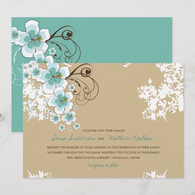 Tropical Hibiscus Blue Luau Beach Wedding Invite (Front/Back)
