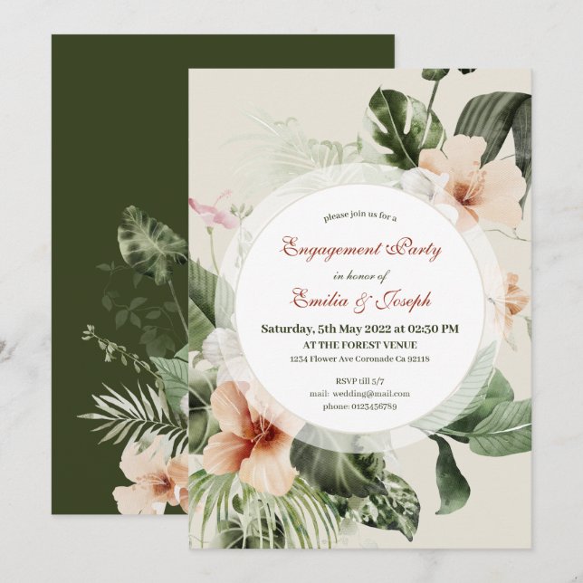 Tropical hibiscus boho pastel Engagement Invitation (Front/Back)