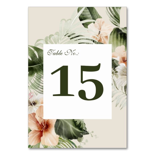 Tropical hibiscus boho pastel Wedding Table Number (Front)