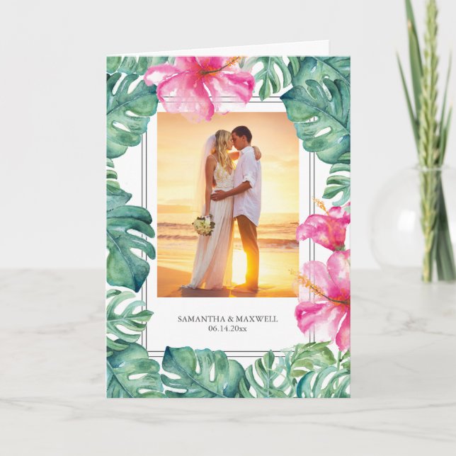 Tropical Hibiscus Bride & Groom Wedding Thank You (Front)