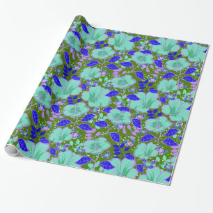 Tropical Hibiscus & Butterflies Bright Blue Green Wrapping Paper