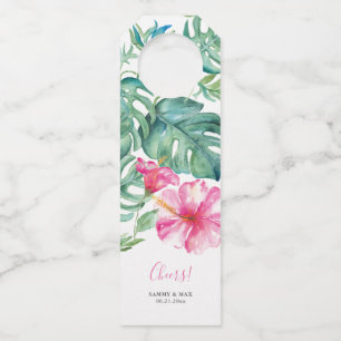 Tropical Hibiscus Cheers Wedding Wine Labels Bottle Tag