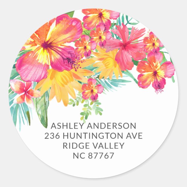 Tropical Hibiscus Floral Address Label Sticker (Front)