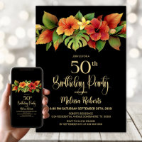 Tropical Hibiscus Floral Black 50th Birthday Party