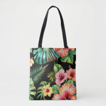 Tropical Hibiscus Floral Black Tote Bag
