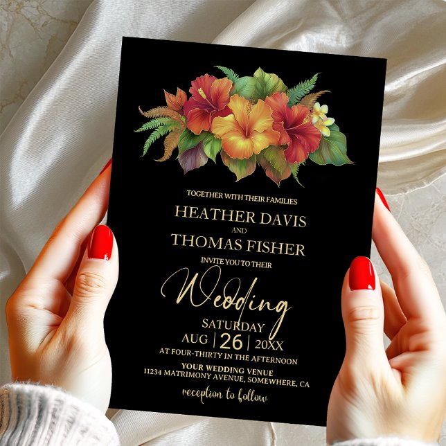Tropical Hibiscus Floral Black Wedding Invitation (Creator Uploaded)