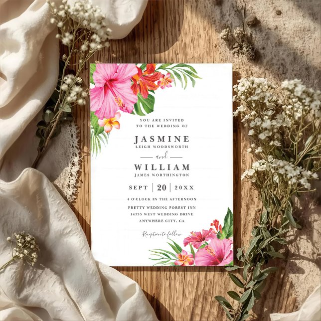 Tropical Hibiscus Floral Elegant QR Code Wedding Invitation (Creator Uploaded)
