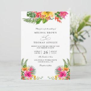 Tropical Hibiscus Floral Elegant QR Code Wedding Invitation