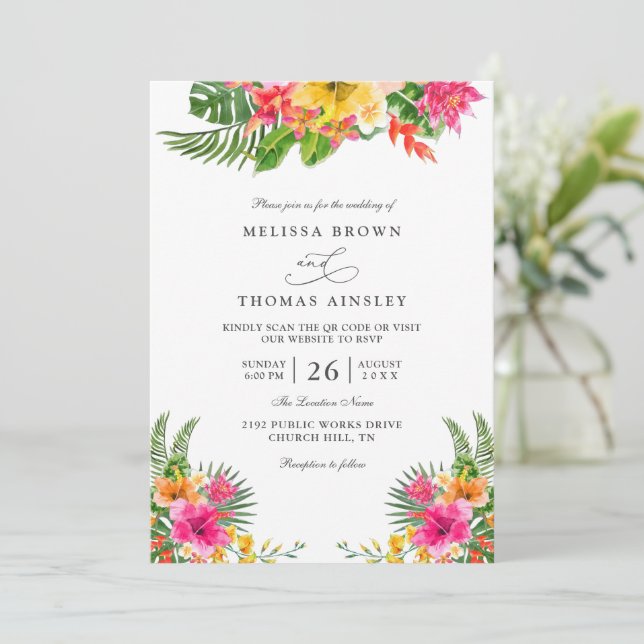 Tropical Hibiscus Floral Elegant QR Code Wedding Invitation (Standing Front)