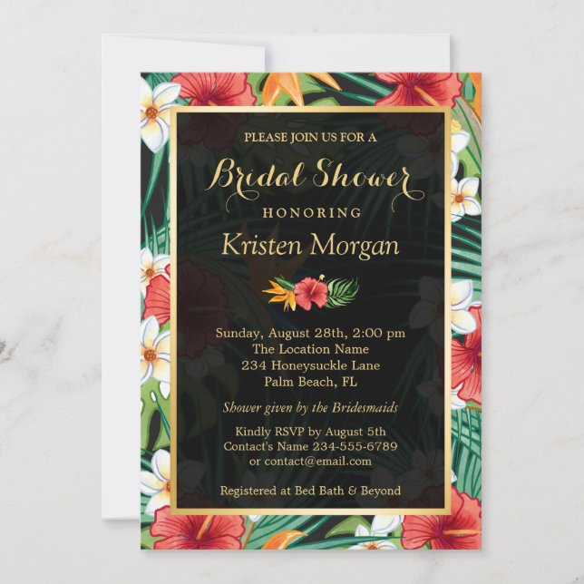 Tropical Hibiscus Floral Gold Frame Bridal Shower Invitation (Front)