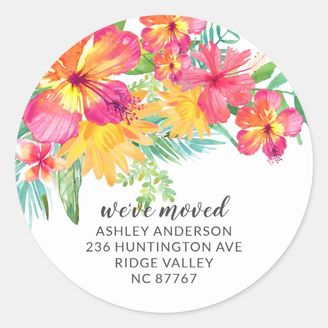 Tropical Hibiscus Floral New Address Label Sticker (Front)