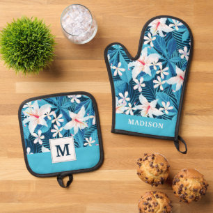 Tropical Hibiscus Floral Pattern 2 Oven Mitt & Pot Holder Set