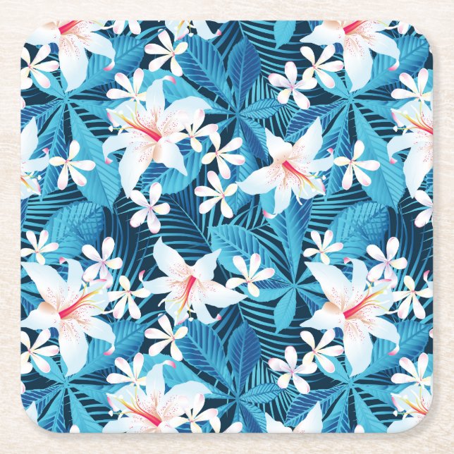 Tropical Hibiscus Floral Pattern 2 Square Paper Coaster (Front)
